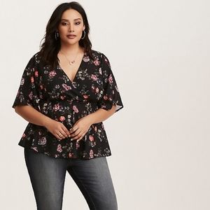 LILY - FLORAL FAUX WRAP GEORGETTE BABYDOLL BLOUSE